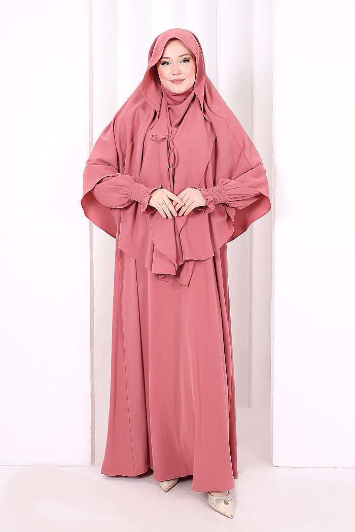 Peçeli Cilbab Model Elbise 6063 Gül Kurusu - 3