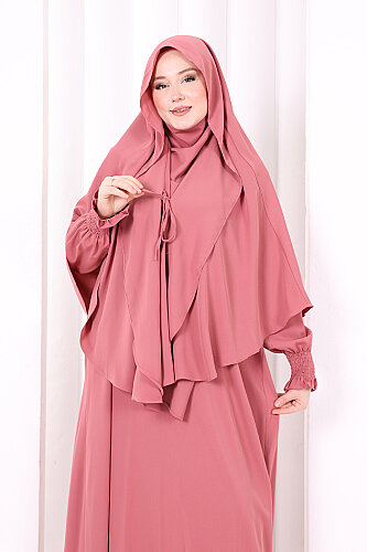 Peçeli Cilbab Model Elbise 6063 Gül Kurusu - 5
