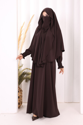 Peçeli Cilbab Model Elbise 6063 Kahverengi - 3
