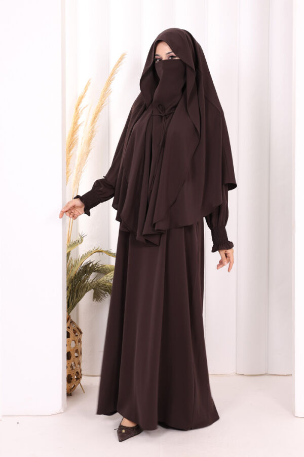 Peçeli Cilbab Model Elbise 6063 Kahverengi - 3