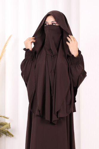 Peçeli Cilbab Model Elbise 6063 Kahverengi - 5