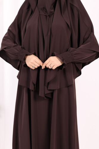 Peçeli Cilbab Model Elbise 6063 Kahverengi - 6