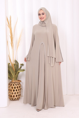 Pelerin, Elbise ve Şal Üçlü Takım 3932 Vizon - Bym Fashion