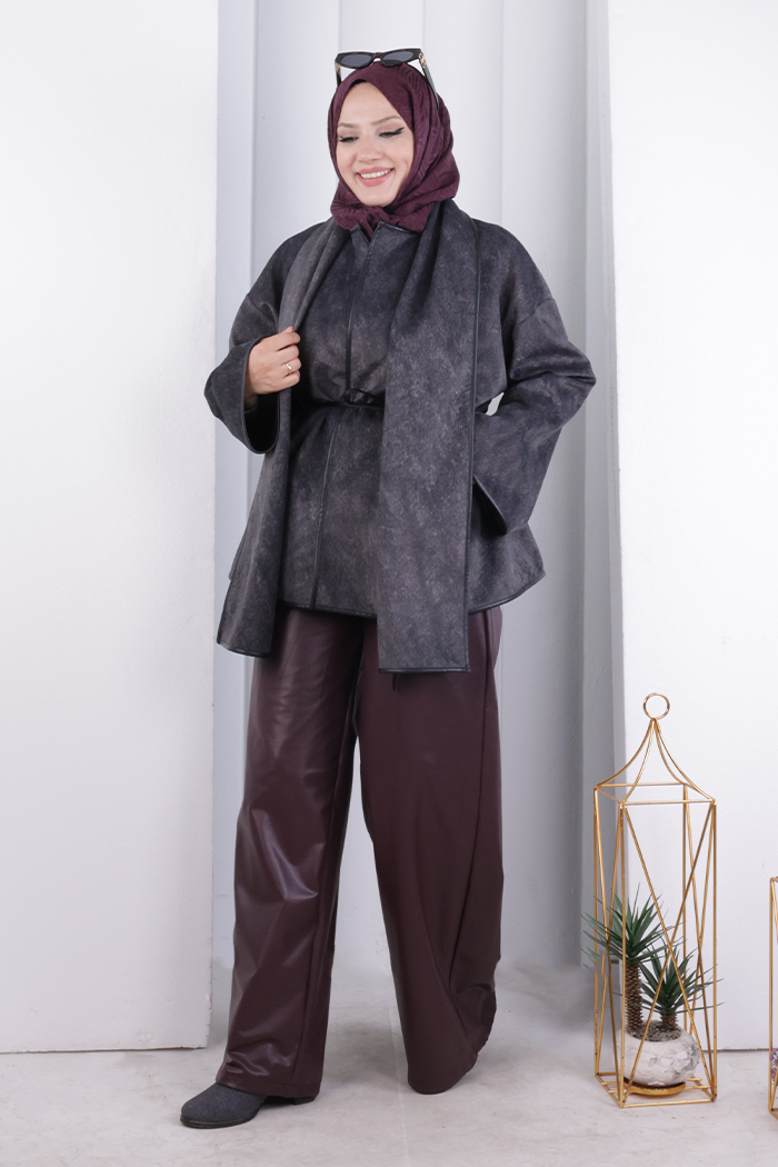 Pelerin Kemerli Ceket 1207 Antrasit - 2