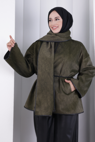 Pelerin Kemerli Ceket 1207 Haki - 4