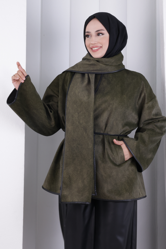 Pelerin Kemerli Ceket 1207 Haki - 4