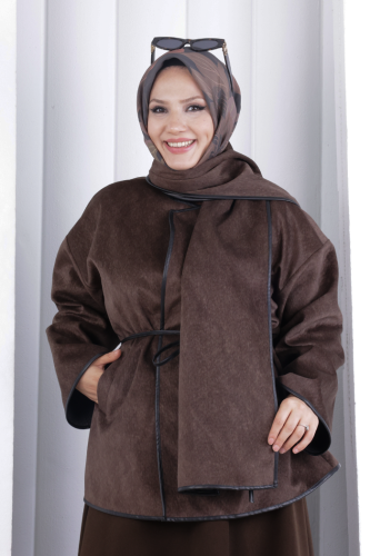 Pelerin Kemerli Ceket 1207 Kahverengi - 4