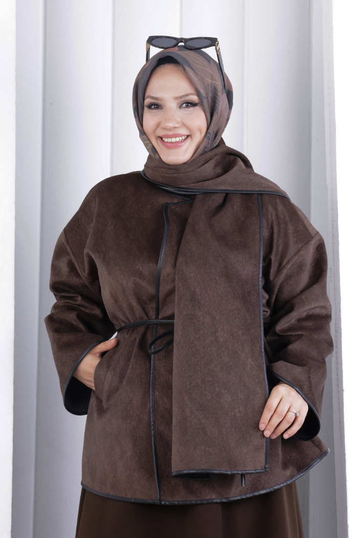 Pelerin Kemerli Ceket 1207 Kahverengi - 4