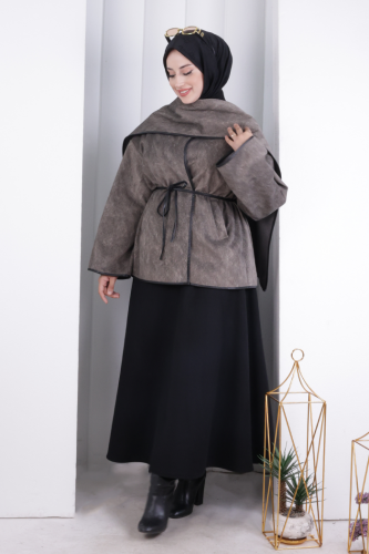 Pelerin Kemerli Ceket 1207 Vizon - 2
