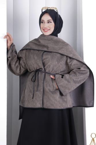Pelerin Kemerli Ceket 1207 Vizon - 5