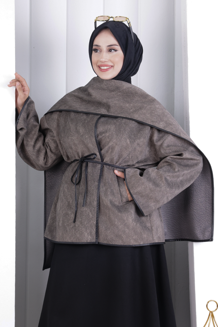 Pelerin Kemerli Ceket 1207 Vizon - 5