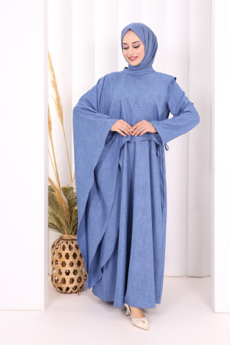 Pelerinli Elbise 6068 İndigo