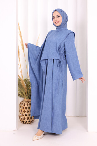 Pelerinli Elbise 6068 İndigo - 3