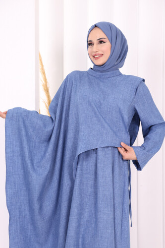 Pelerinli Elbise 6068 İndigo - 5