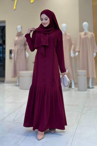 Pilise Detay Elbise Şal İkili Takım 6039 Bordo - Bym Fashion