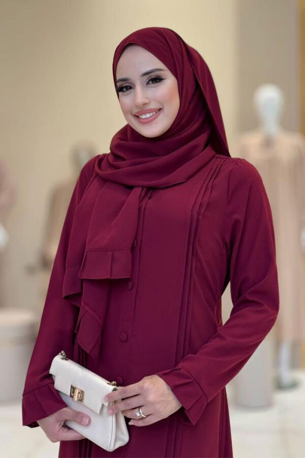 Pilise Detay Elbise Şal İkili Takım 6039 Bordo - 4