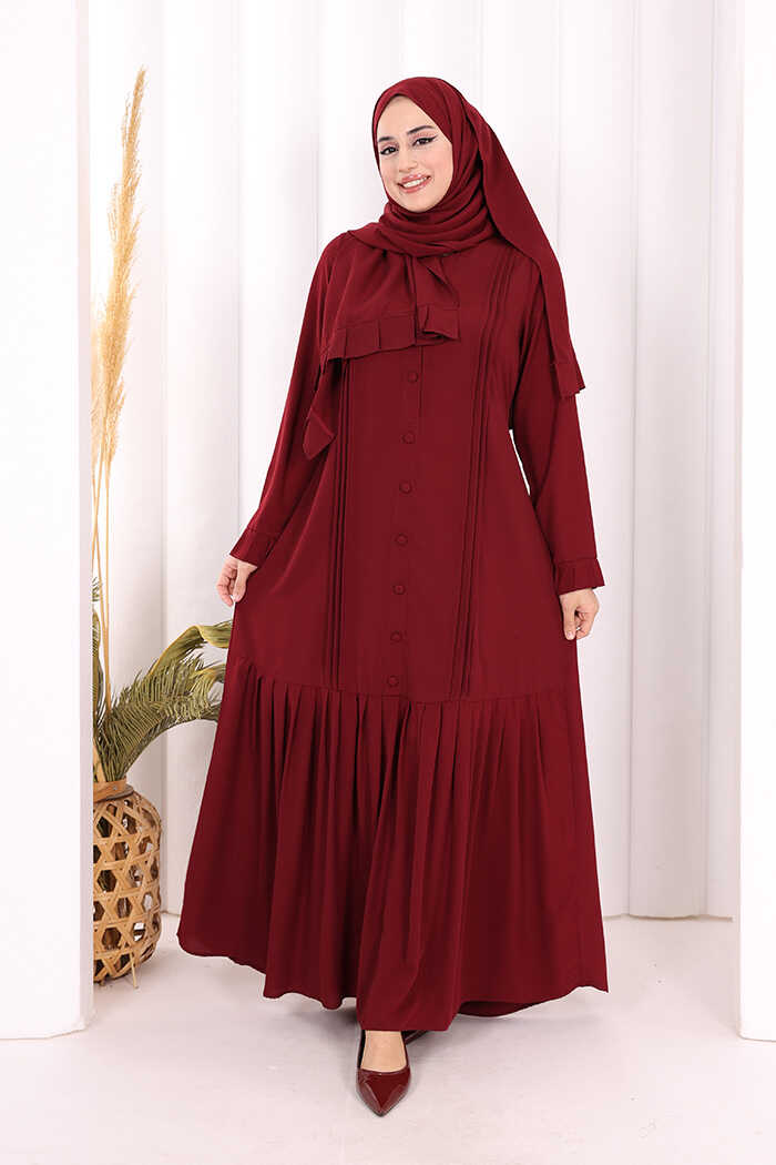 Pilise Detay Elbise ŞAL HEDİYE   6039 Bordo