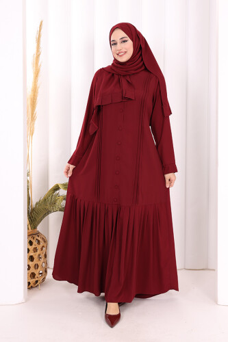 Pilise Detay Elbise ŞAL HEDİYE   6039 Bordo 