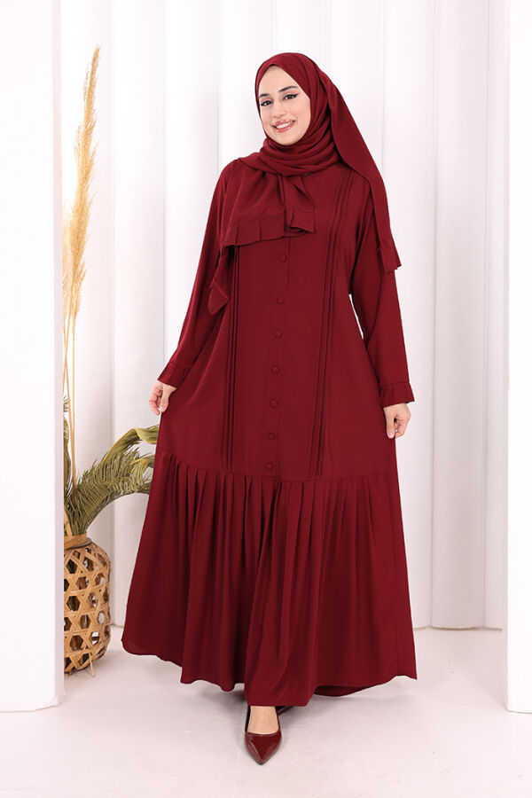 Pilise Detay Elbise ŞAL HEDİYE   6039 Bordo - 1