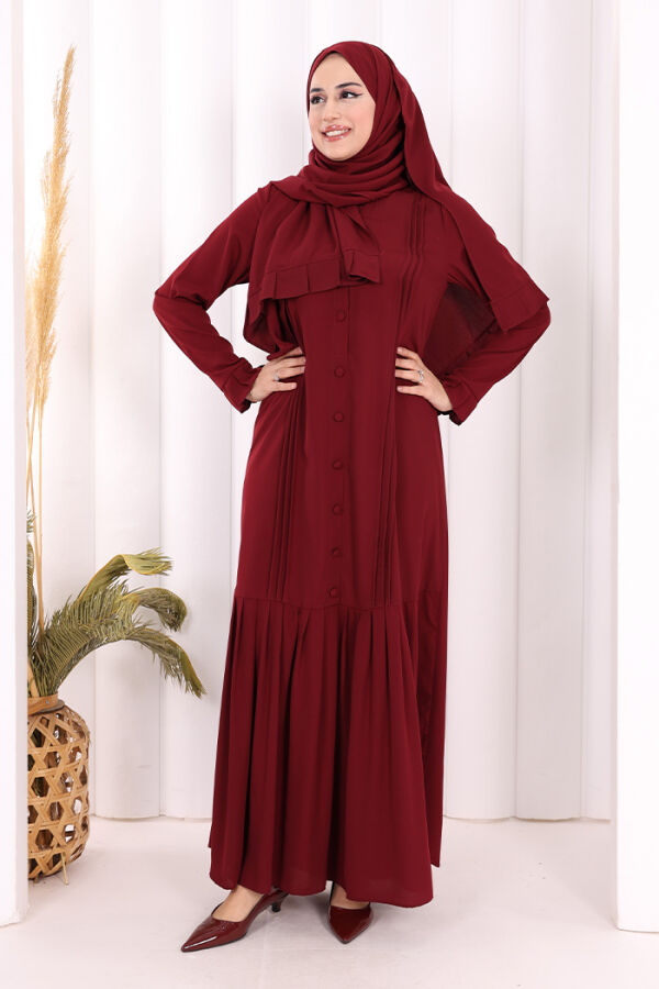 Pilise Detay Elbise ŞAL HEDİYE   6039 Bordo - 2