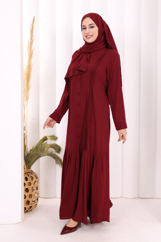 Pilise Detay Elbise ŞAL HEDİYE   6039 Bordo - 3