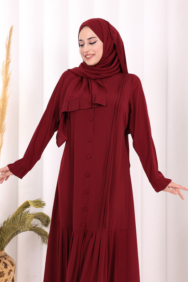 Pilise Detay Elbise ŞAL HEDİYE   6039 Bordo - 5