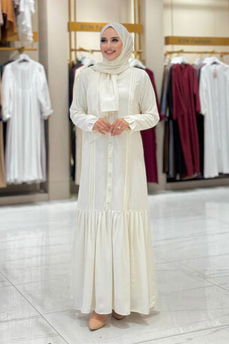 Pilise Detay Elbise Şal İkili Takım 6039 Ekru - Bym Fashion