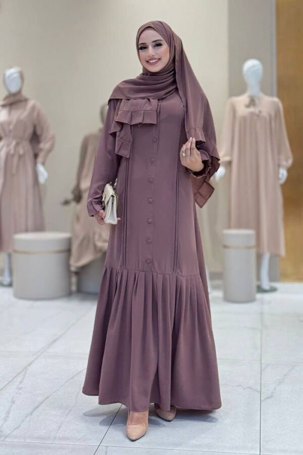 Pilise Detay Elbise Şal İkili Takım 6039 Gül Kurusu - 1