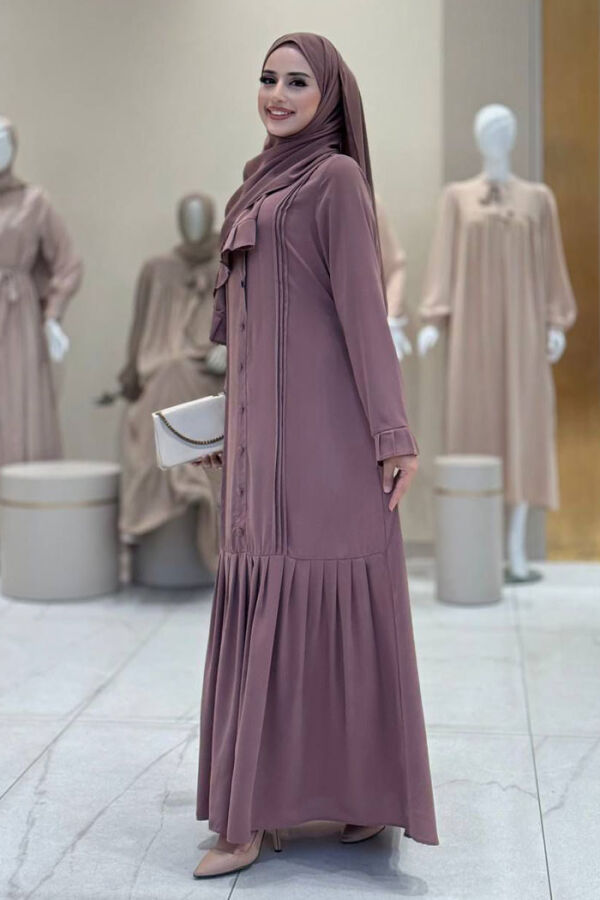 Pilise Detay Elbise Şal İkili Takım 6039 Gül Kurusu - 3