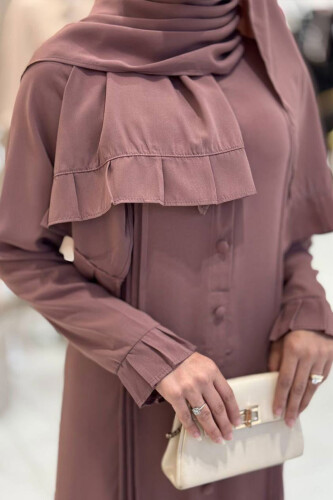 Pilise Detay Elbise Şal İkili Takım 6039 Gül Kurusu - 4