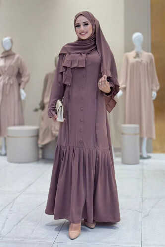 Pilise Detay Elbise Şal İkili Takım 6039 Gül Kurusu - Bym Fashion