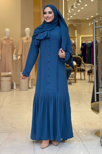 Pilise Detay Elbise Şal İkili Takım 6039 İndigo - Bym Fashion