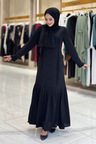 Pilise Detay Elbise Şal İkili Takım 6039 Siyah - Bym Fashion