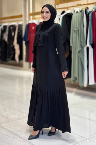 Pilise Detay Elbise Şal İkili Takım 6039 Siyah 