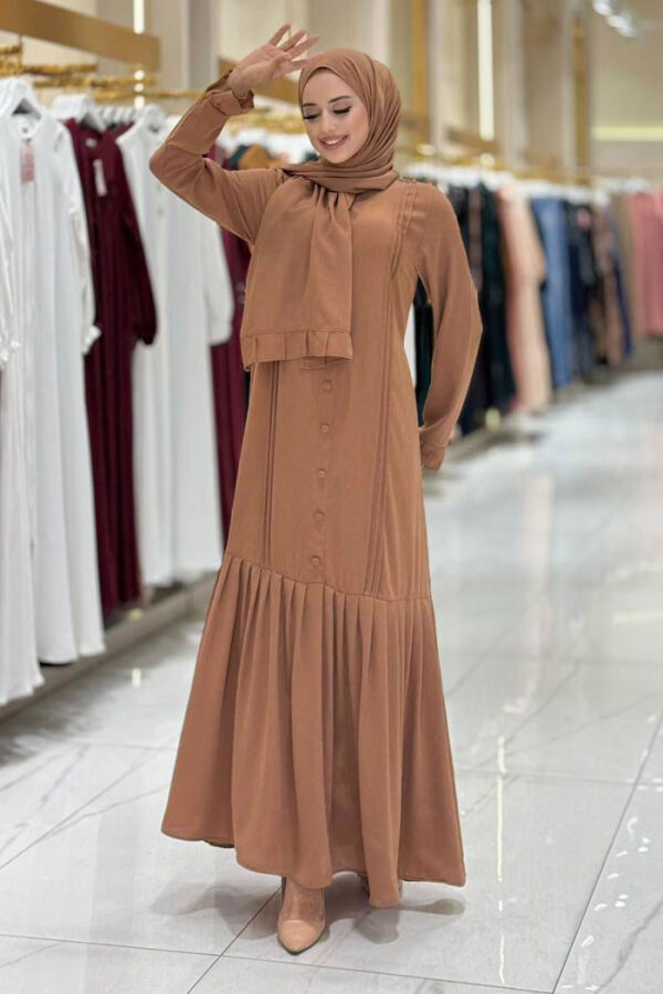 Pilise Detay Elbise Şal İkili Takım 6039 Taba - 1