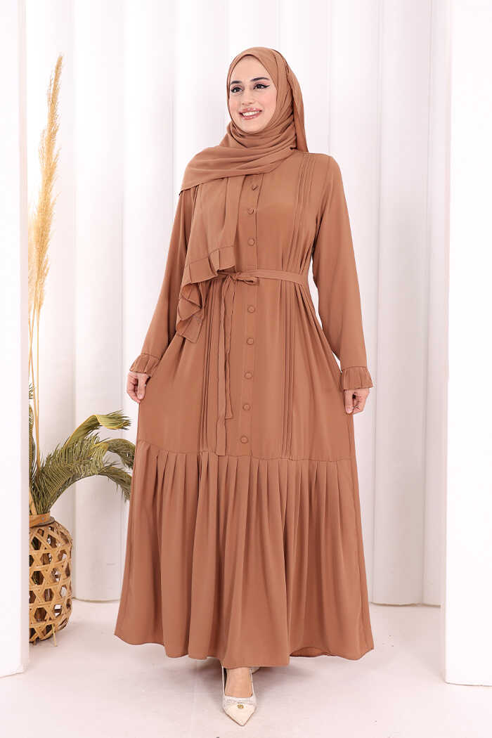 Pilise Detay Elbise ŞAL HEDİYE   6039 Taba