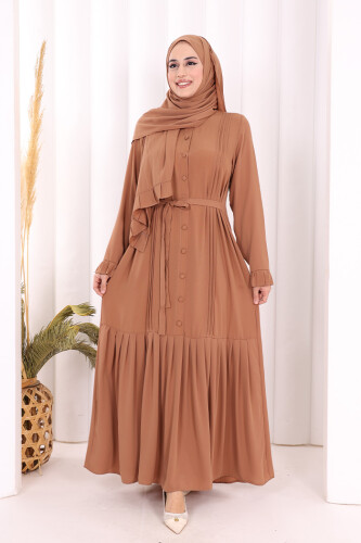 Pilise Detay Elbise ŞAL HEDİYE   6039 Taba - 1