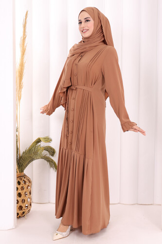 Pilise Detay Elbise ŞAL HEDİYE   6039 Taba - 3