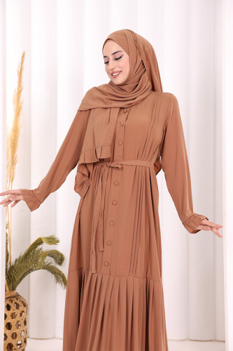 Pilise Detay Elbise ŞAL HEDİYE   6039 Taba - 4