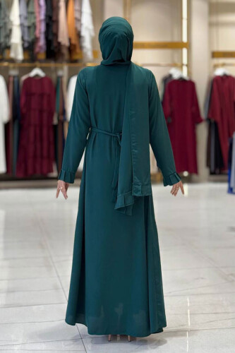 Pilise Detay Elbise Şal İkili Takım 6039 Zümrüt - 2