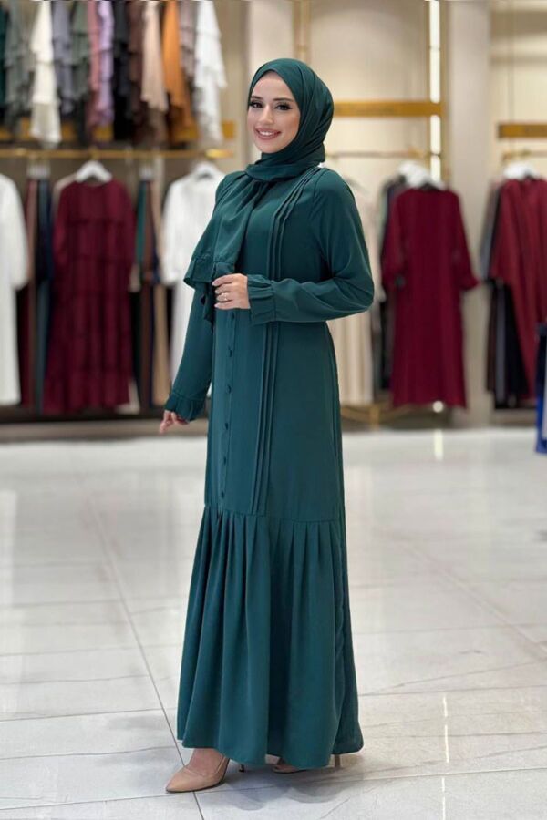 Pilise Detay Elbise Şal İkili Takım 6039 Zümrüt - 3