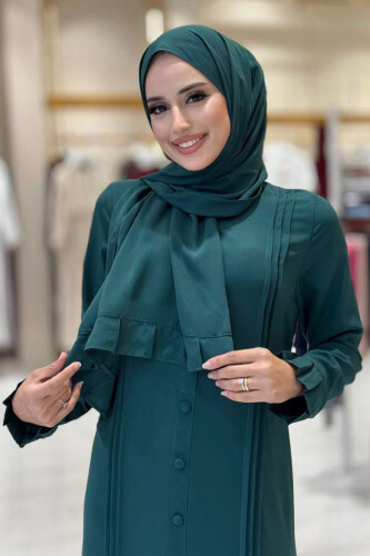 Pilise Detay Elbise Şal İkili Takım 6039 Zümrüt - 4