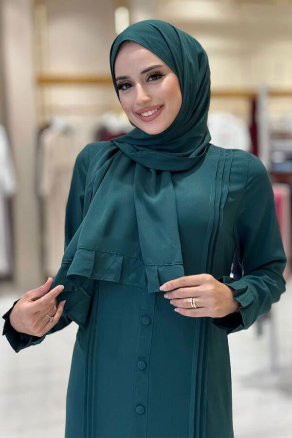 Pilise Detay Elbise Şal İkili Takım 6039 Zümrüt - 4