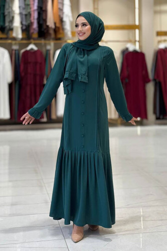 Pilise Detay Elbise Şal İkili Takım 6039 Zümrüt - Bym Fashion