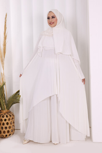 Pilise Detaylı Uzun Tunik ve Pantolon İkili Takım 8575 Ekru - Bym Fashion