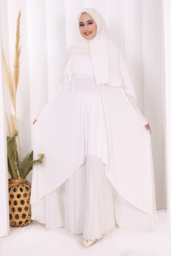 Pilise Detaylı Uzun Tunik ve Pantolon İkili Takım 8575 Ekru - 2