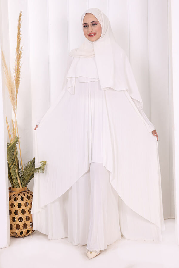 Pilise Detaylı Uzun Tunik ve Pantolon İkili Takım 8575 Ekru - 2