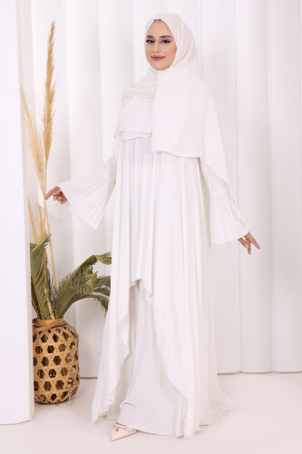 Pilise Detaylı Uzun Tunik ve Pantolon İkili Takım 8575 Ekru - 3