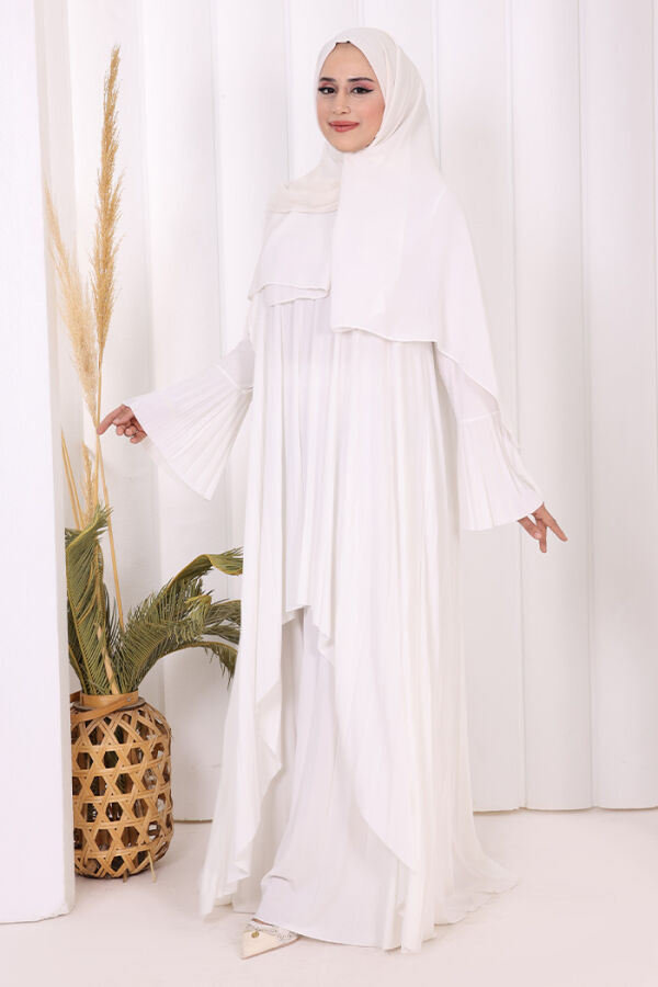 Pilise Detaylı Uzun Tunik ve Pantolon İkili Takım 8575 Ekru - 3