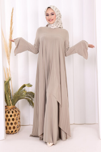 Pilise Detaylı Uzun Tunik ve Pantolon İkili Takım 8575 Vizon - Bym Fashion